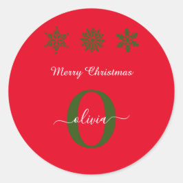Pegatina Redonda Guión Monograma Feliz Navidad Verde Rojo Blanco