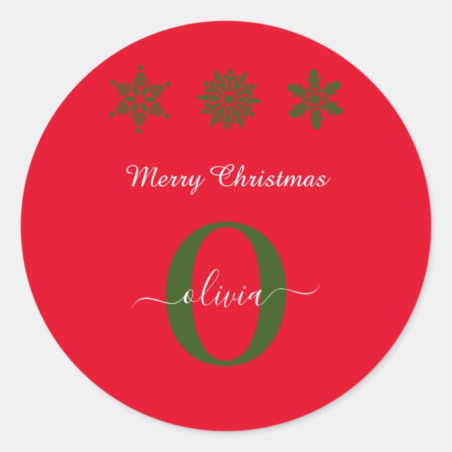 Pegatina Redonda Guión Monograma Feliz Navidad Verde Rojo Blanco (Anverso)