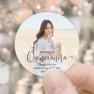 Pegatina Redonda Guión negro y foto de moda de Quinceañera Gracias