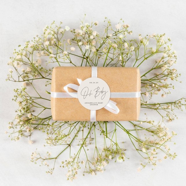 Pegatina Redonda Guión para la ducha de bebé blanco moderno (Subido por el creador)