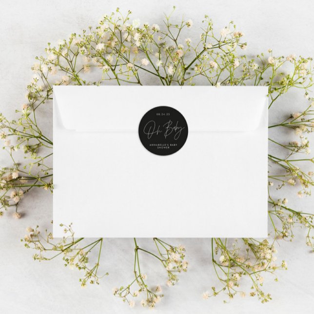 Pegatina Redonda Guión para la ducha de bebé moderno elegante en bl (Subido por el creador)