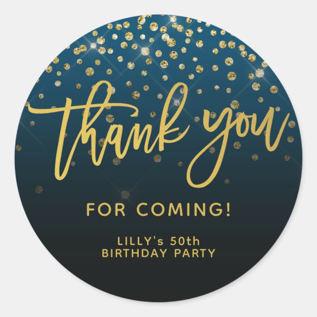 Pegatina Redonda Guión Purpurina Gold Gracias Por Venir Azul (Anverso)