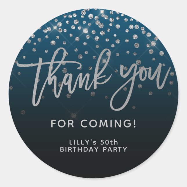 Pegatina Redonda Guión Purpurina Plateado Gracias Por Venir Azul (Anverso)