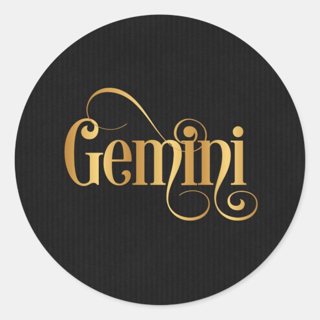 Pegatina Redonda Guión rápido Rótulo Zodiac Gemini Gold sobre negro (Anverso)