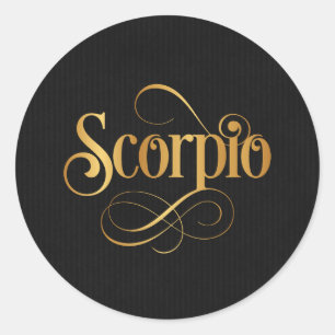 Pegatina Redonda Guión rápido Rótulo Zodiac Scorpio Gold en negro