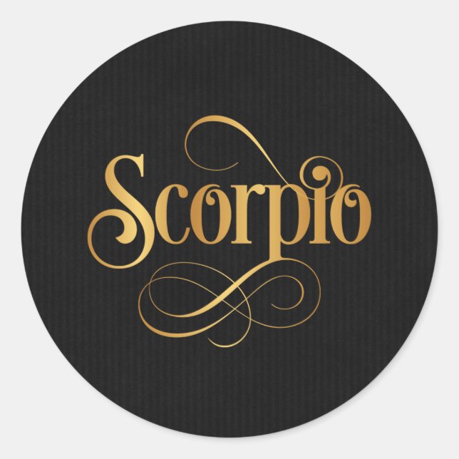 Pegatina Redonda Guión rápido Rótulo Zodiac Scorpio Gold en negro (Anverso)