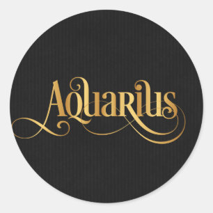 Pegatina Redonda Guión rápido Zodiac Rótulo Aquarius Gold en negro