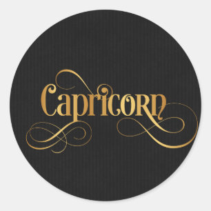 Pegatina Redonda Guión rápido Zodiac Rótulo Capricornio Gold sobre
