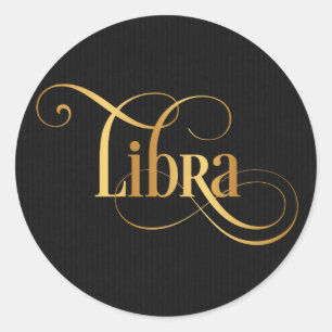 Pegatina Redonda Guión rápido Zodiac Rótulo Libra Oro en negro