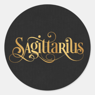 Pegatina Redonda Guión rápido Zodiac Rótulo Sagittarius Oro Negro