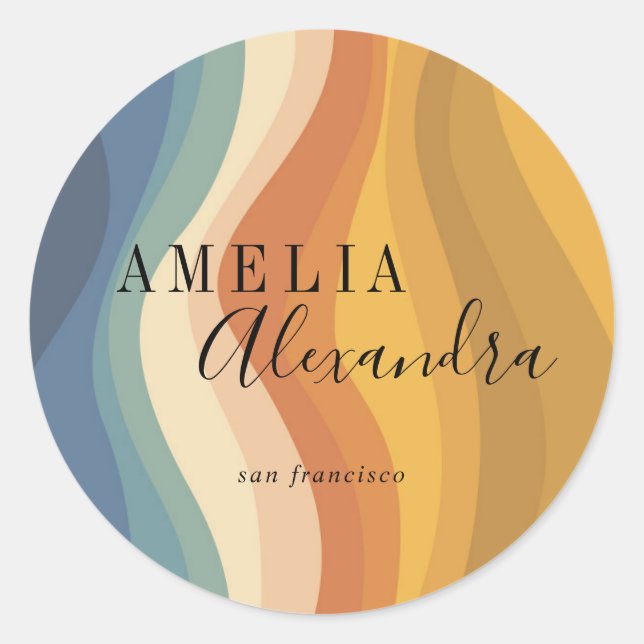 Pegatina Redonda Guión retro de Boho Resumen Líneas onduladas azul  (Anverso)