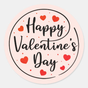 Pegatina Redonda Guión rojo Feliz Día de San Valentín con corazones