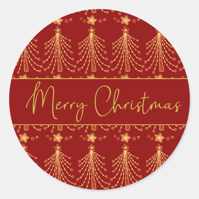 Pegatina Redonda Guión rojo y dorado Árbol de Navidad Patrón de luc (Anverso)