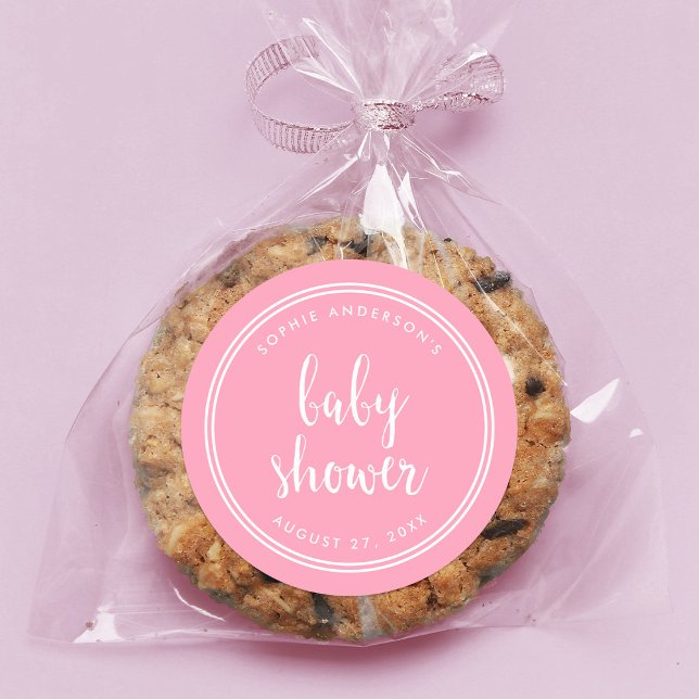Pegatina Redonda Guión rosa y Baby Shower con franjas blancas (Subido por el creador)