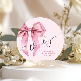 Pegatina Redonda Guión rosado Bow Bebé ducha Gracias