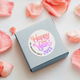 Pegatina Redonda Guión rosado del Año Nuevo Feliz Año Retro Girly