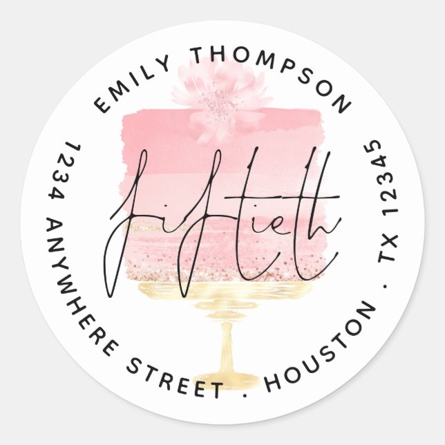 Pegatina Redonda Guión rosado moderno de pastel 50.ª dirección de d (Anverso)