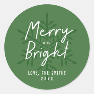 Pegatina Redonda Guión verde Merry & Bright Copos de nieve Navidad
