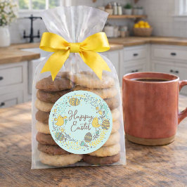 Pegatina Redonda Guirnalda colorida de huevos y saludo de chicas al