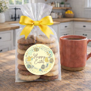 Pegatina Redonda Guirnalda colorida de huevos y saludo de chicas al