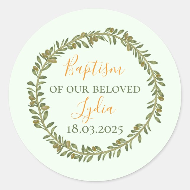 Pegatina Redonda Guirnalda de aceitunas de bautismo personalizado (Anverso)