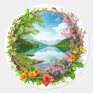Pegatina Redonda Guirnalda de flores de primavera enmarcando una tr