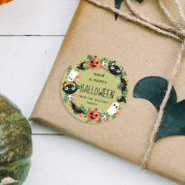 Pegatina Redonda Guirnalda de Halloween verde alegre