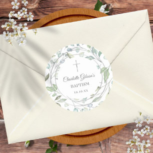 Pegatina Redonda Guirnalda de laurel Faux plata Bautizo