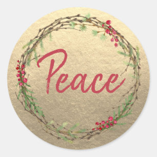 Pegatina Redonda Guirnalda de Navidad de Oro Paz