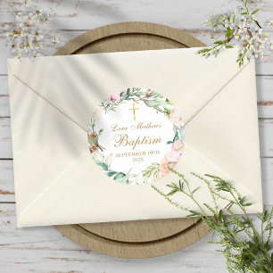 Pegatina Redonda Guirnalda de Rosa del Bosque Bautizo