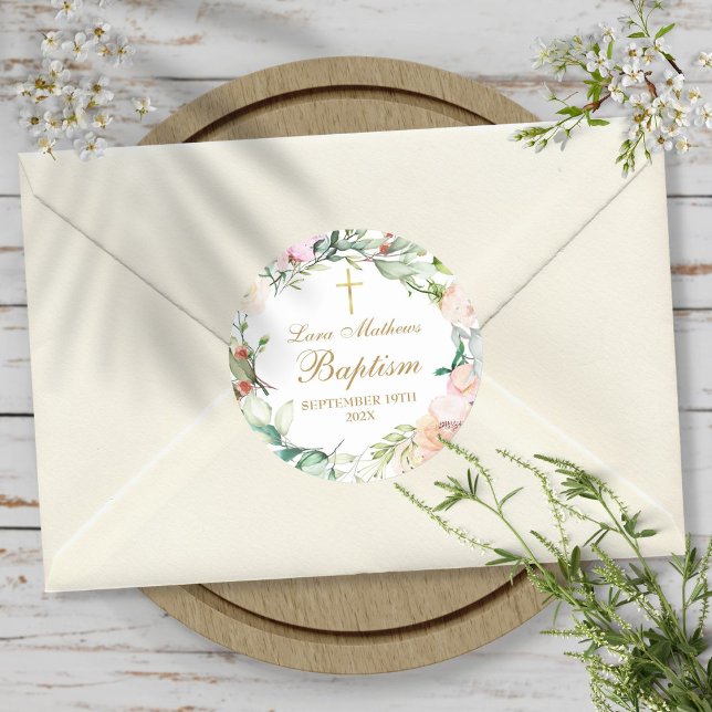 Pegatina Redonda Guirnalda de Rosa del Bosque Bautizo (Woodland Rose Garland Baptism Christening Classic Round Sticker)