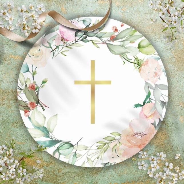Pegatina Redonda Guirnalda de rosa silvestre de madera de cruz de o (Simple Gold Cross Woodland Rose Garland Classic Round Sticker)