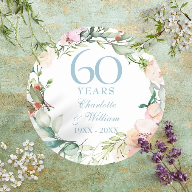 Pegatina Redonda Guirnalda de rosas de verano para aniversario 60 / (Sweet Summer Roses Garland 60th / 75th Anniversary Classic Round Sticker)