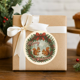 Pegatina Redonda Guirnalda de vacaciones inglesa retro con ardillas