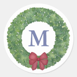 Pegatina Redonda Guirnalda festiva de monograma con reverencia roja