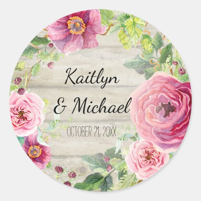 Pegatina Redonda Guirnalda floral de madera rústica subió (Anverso)