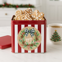 Pegatina Redonda Guirnalda rústica de acebo con lazo de cuadros bla