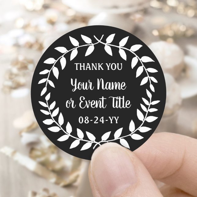 Pegatina Redonda Guirnalda simple de Laurel Negro y Blanco Gracias (Subido por el creador)