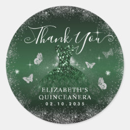 Pegatina Redonda Guiso de plata verde esmeralda Quinceañera Gracias