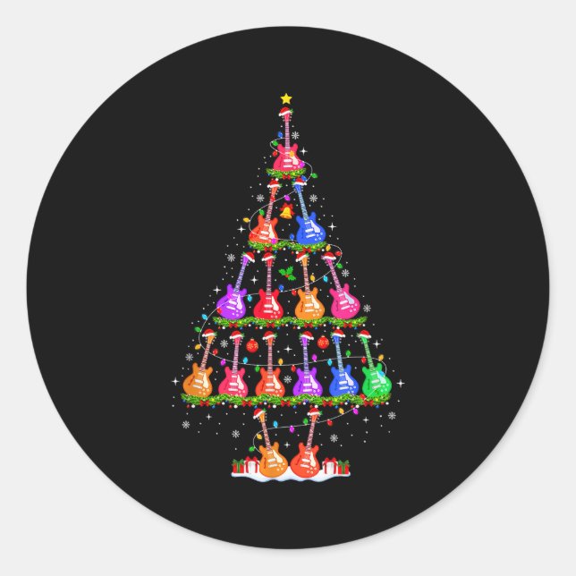 Pegatina Redonda Guitar Christmas Tree Lights Funny Xmas Pajamas Gu (Anverso)