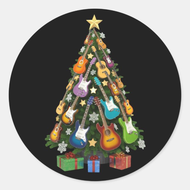 Pegatina Redonda Guitar Christmas Tree Theater Musical Lover Merry  (Anverso)