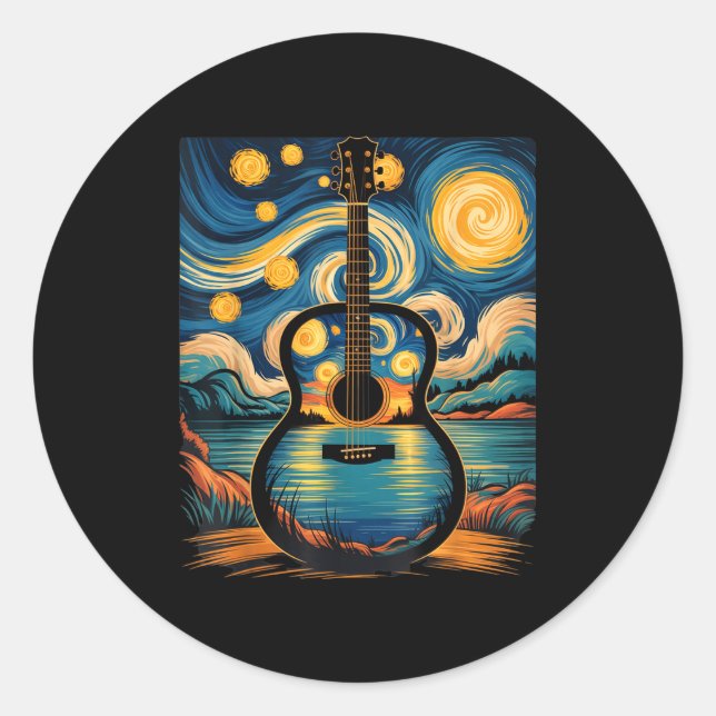 Pegatina Redonda Guitar Lake Starry Night Music Guitarist Van Gogh  (Anverso)