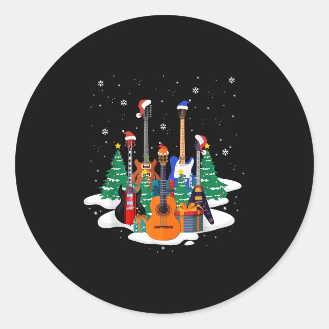 Pegatina Redonda Guitar Santa Hat Christmas Tree Funny Music Loves  (Anverso)