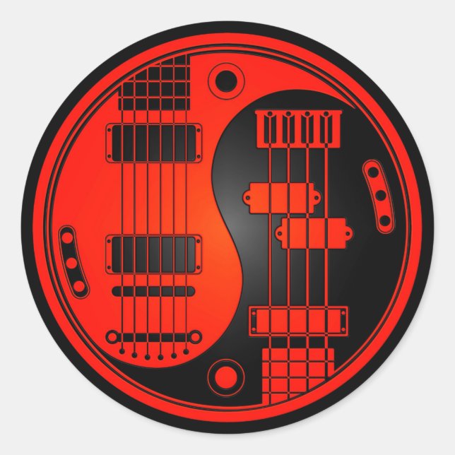 Pegatina Redonda Guitar y Bass Yin Yang Red and Black (Anverso)