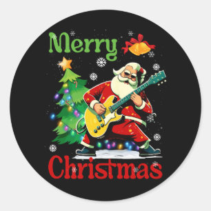 Pegatina Redonda Guitarista de Santa Claus Feliz Musico de Navidad