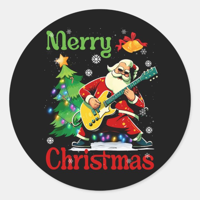 Pegatina Redonda Guitarista de Santa Claus Feliz Musico de Navidad (Anverso)