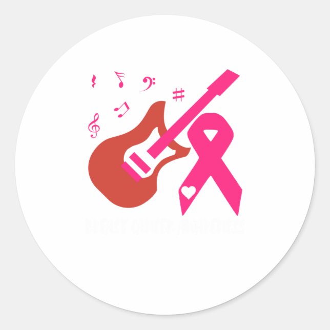 Pegatina Redonda Guitarra Con Cinta Rosa Concienciación Sobre El Cá (Anverso)