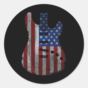 Pegatina Redonda Guitarra De Bandera Estadounidense Funny Usa Guita