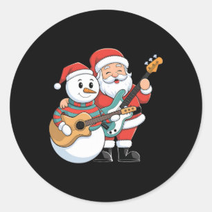 Pegatina Redonda Guitarra De Rock Snowman Y Santa Claus Tocan Guita