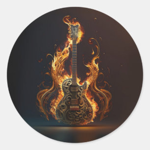 Pegatina Redonda Guitarra eléctrica en llamas